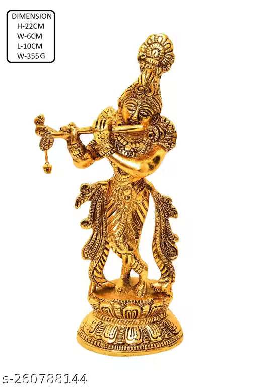 Divine Krishna Flute Statue | Metal Gold Home Decor & Gift
