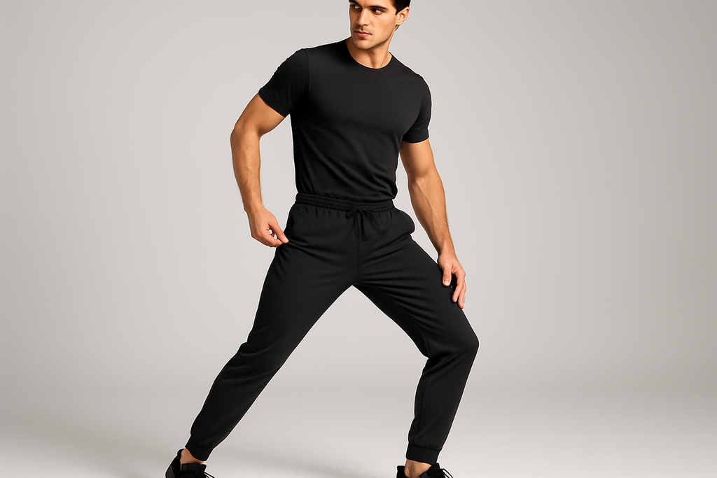 Create a guy model picture wearing black color elastic track pants showing how good is the product