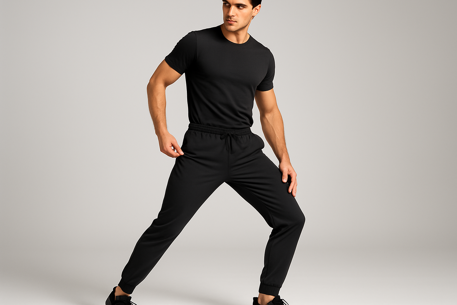 Create a guy model picture wearing black color elastic track pants showing how good is the product