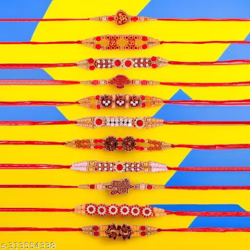 Elegant Rakhi Set (11 Pc) with Roli Chawal Thali | Raksha Bandhan Gift
