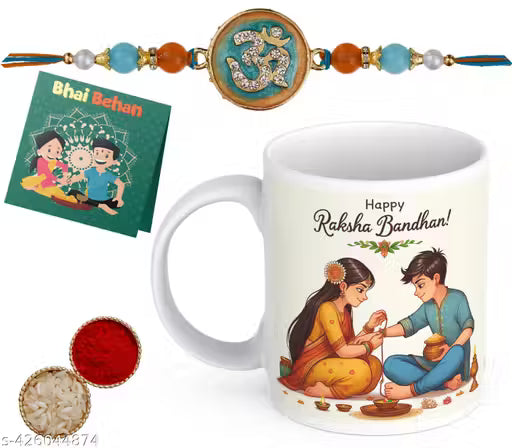 Divine Rakhi Combo Gift for Bhai | Om Trishul Rakhi, Mug, Card & Roli Chawal