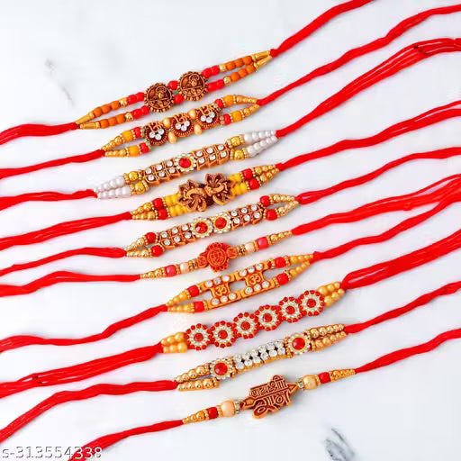 Elegant Rakhi Set (11 Pc) with Roli Chawal Thali | Raksha Bandhan Gift