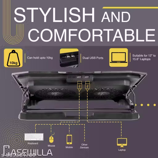 Ergonomic Laptop Cooling Stand – 2 USB Ports, Dual Fan, Mobile Holder & 4-Level Height Adjustment (Up to 15.6” Laptops)