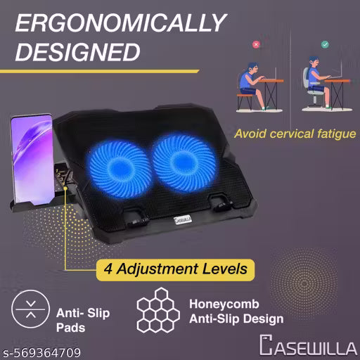 Ergonomic Laptop Cooling Stand – 2 USB Ports, Dual Fan, Mobile Holder & 4-Level Height Adjustment (Up to 15.6” Laptops)