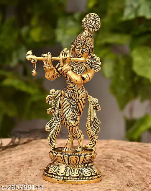 Divine Krishna Flute Statue | Metal Gold Home Decor & Gift