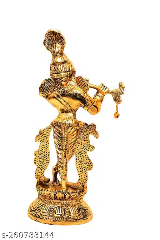 Divine Krishna Flute Statue | Metal Gold Home Decor & Gift