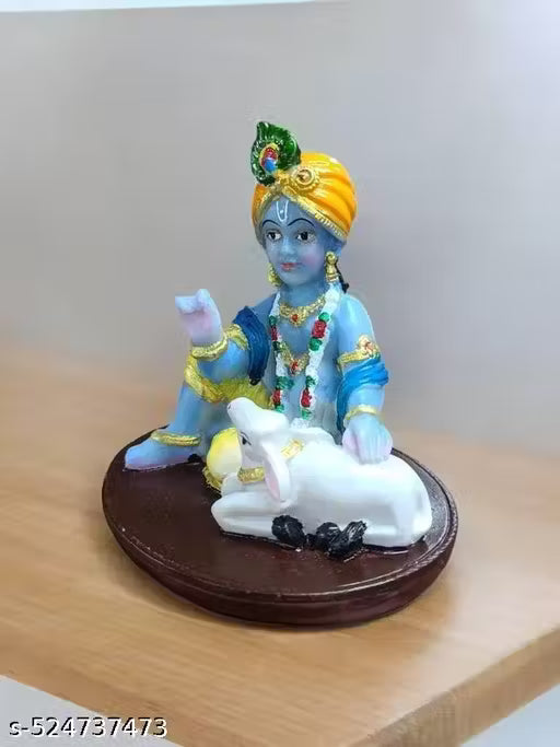 Colourful Bal Krishna Idol with Cow | Polyresin Home & Car Decor