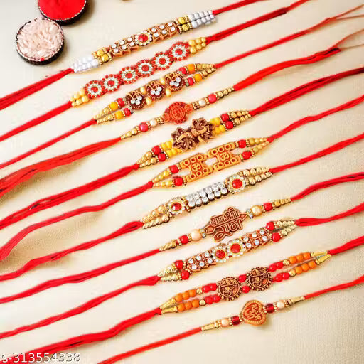 Elegant Rakhi Set (11 Pc) with Roli Chawal Thali | Raksha Bandhan Gift